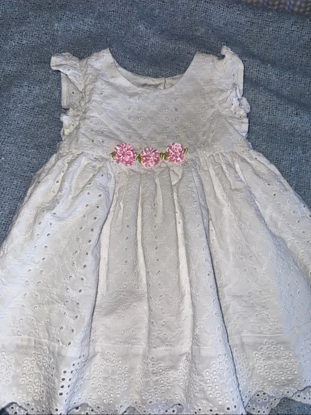 Girls White Eyelet Dress with Pink Floral Waist Detail